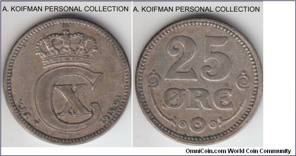 KM-815.1, 1915 Denmark 25 ore; silver, plain edge; very fine or so, toned.