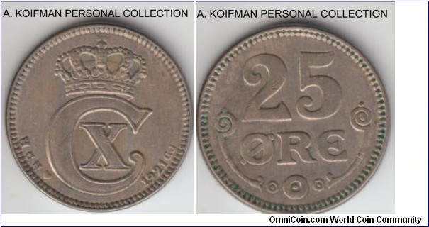 KM-815.a2, 1921 Denmark 25 ore; copper-nickel, reeded edge; good very fine to extra fine.