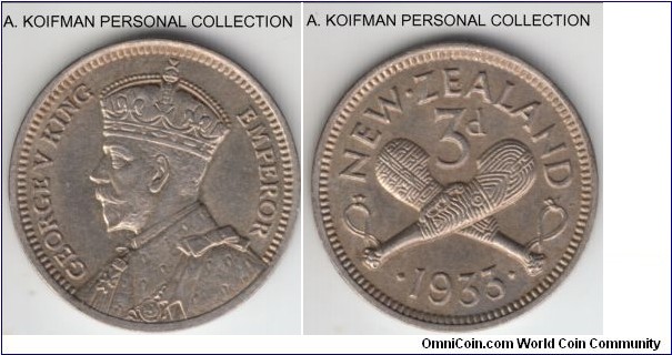 KM-1, 1933 New Zealand 3 pence; silver, plain edge; toned, now wear I can see, so call it uncirculated.