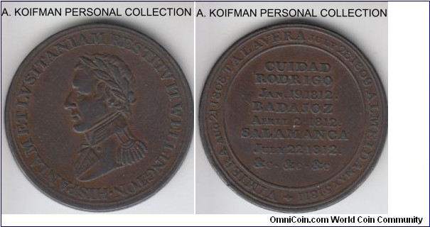 Breton-986, 1812 Canada 1/2 penny Wellington token; copper, diagonally reeded edge; issued in England in 1812 for Spain and Portugal this token was brought to Canada by troops sent to fight in American colonies, good very fine condition.