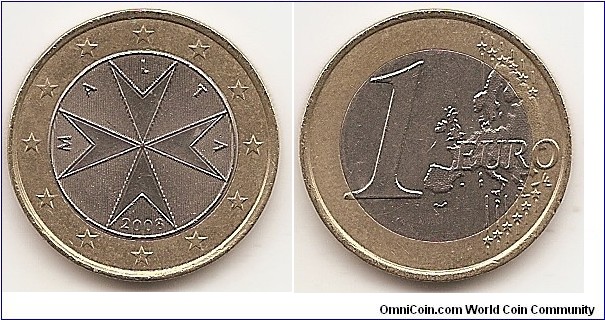 1 Euro
KM#131
7.5000 g., Bi-Metallic Copper-Nickel center in Nickel-Brass ring, 23.25 mm. Obv: coins show the emblem used by the Sovereign Order of Malta. During the Order's rule over Malta, between 1530 and 1798, the eight-pointed cross became associated with the island and is now often referred to as the Maltese Cross. Rev: Large value at left, modified outline of Europe at right. Edge: Segmented reeding. Rev. designer: Luc Luycx