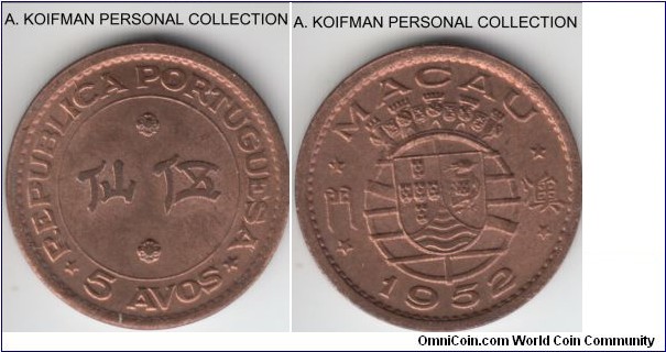 KM-1, 1952 Portuguese Macao 5 avos; bronze, plain edge; red brown uncirculated.