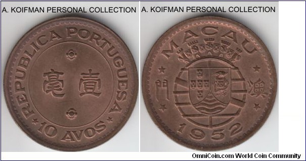 KM-2, 1952 Portuguese Macao 10 avos; bronze, plain edge; brown uncirculated, very high grade.
