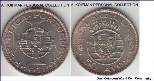 KM-7, 1972 Portuguese Macao 50 avos; copper-nickel, reeded edge; good uncirculated specimen, peripheral toning on both sides that is more common with the silver, not copper-nickel coins.