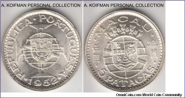 KM-5, 1952 Portuguese Macao 5 patacas; silver, reeded edge; bright white brilliant uncirculated, just a couple of contact marks on obverse.