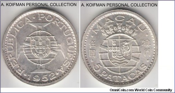 KM-5, 1952 Portuguese Macao 5 patacas; silver, reeded edge; more subdued, lightly toned good uncirculated specimen.