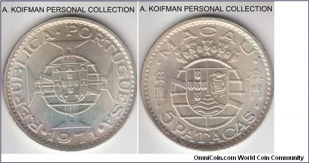 KM-5a, 1971 Portuguese Macao 5 patacas; silver, reeded edge; very lightly toned uncirculated.
