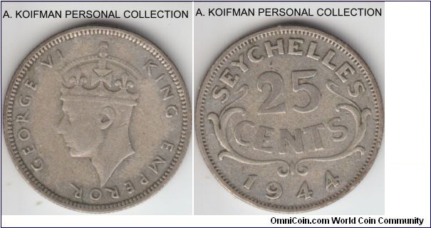 KM-2, 1944 Seychelles 25 cents; silver, reeded edge; fine or so, mintage 36,000.