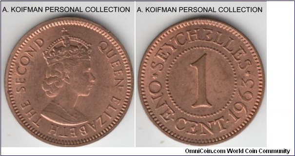 KM-14, 1963 Seychelles cent; bronze, plain edge; red brown uncirculated, mintage 40,000.