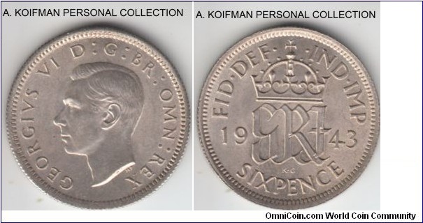 KM-852, 1943 Great Britain 6 pence; silver, reeded edge; bright white uncirculated.