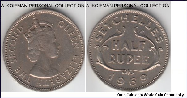KM-12, 1969 Seychelles 1/2 rupee; copper-nickel, reeded edge; average uncirculated, mintage 60,000.