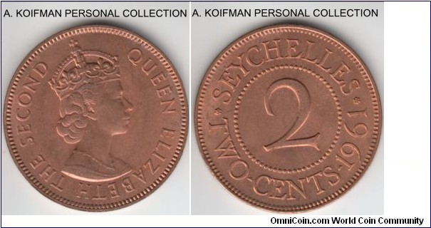 KM-15, 1961 Seychelles 2 cents; bronze, plain edge; red uncirculated, pleasant, mintage 30,000.