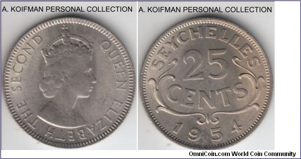 KM-11, 1954 Seychelles 25 cents; copper-nickel, reeded edge; very light above average uncirculated coin.