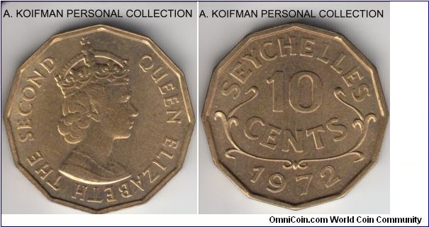 KM-10, 1972 Seychelles 10 cents; nickel-brass, plain, 12-sided; average uncirculated, late year with the larger mintage of 120,000.