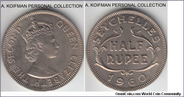 KM-12, 1960 Seychelles half rupee; copper-nickel, reeded edge; nice uncirculated. mintage 60,000.