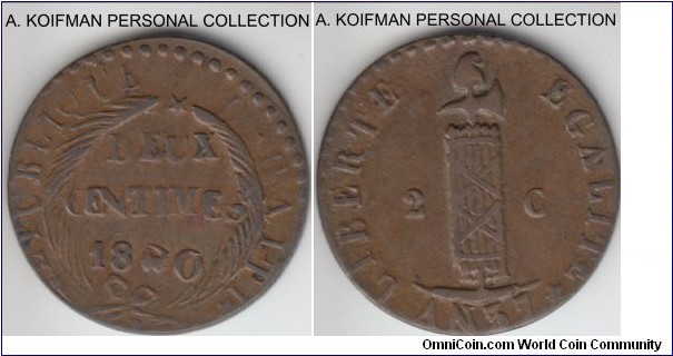 KM-A22, 1840//AN 37 Haiti 2 centimes; copper, plain edge; this is a rare backward 4 variety, crude strike from the crude deteriorating dies, also off center a bit, but judging by the reverse, this may be almost as struck, I will call it an extra fine.