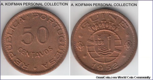 KM-8, 1952 Portuguese Guinea 50 centavos; bronze, plain edge; red brown uncirculated.