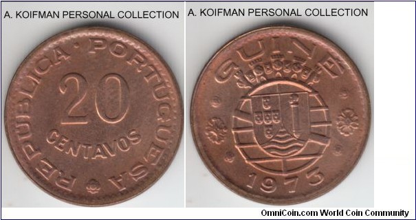 KM-13, 1973 Portuguese Guinea 20 centavos; bronze, plain edge; red brown uncirculated, somewhat weak reverse strike which is not typical of the Portuguese minted coins, scarce mintage of 100,000.