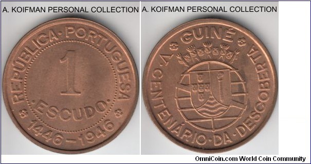 KM-7, 1946 Portuguese Guinea escudo; bronze, plain edge; red uncirculated with the small brownish streak, 500'th anniversary of discovery.