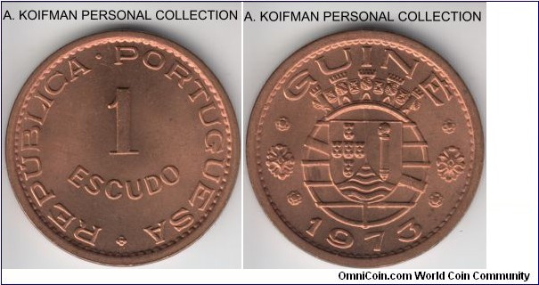 KM-14, 1973 Portuguese Guinea escudo; bronze, plain edge; red average uncirculated, few bag marks, obviously scarce despite its 250,000 mintage.