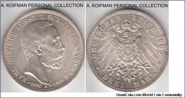 KM-154, 1909 German States Schwarzburg-Sondershausen 3 marks, Berlin mint (A mint mark); silver, lettered edge; uncirculated, a spot on reverse and few toning areas, scarcer issue, mintage 70,000.
