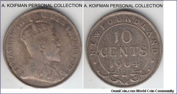 KM-8, 1904 Newfoundland 10 cents, Heaton mint (H mint mark); silver, reeded edge; about fine obverse, good fine reverse, mintage 100,000.