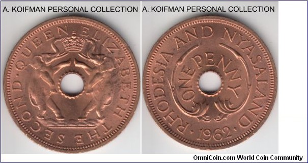 KM-2, 1962 Rhodesia & Nyasaland penny; bronze, plain edge; small streak of brown on obverse, otherwise flaming red uncirculated.