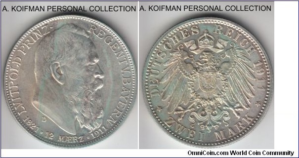 KM-997, 1911 German States Bavaria 2 marks, Munich mint (D mint mark); silver, reeded edge; 90'th birthday of Prince Regent Luitpold commemorative issue, lightly toned high grade uncirculated specimen.