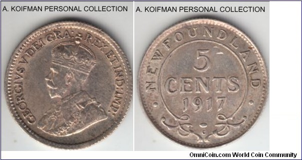 KM-13, 1917 Newfoundland 5 cents, Ottawa mint (C mint mark); silver, reeded edge; extra fine or about.