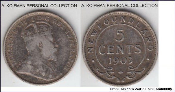 KM-7, 1903 Newfoundland 5 cents; silver, reeded edge; toned fine, mintage 100,000.