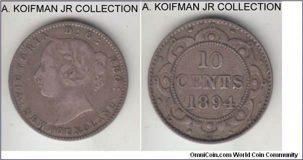 KM-3, 1894 Newfoundland 10 cents; silver, reeded edge; Victoria, mintage 100,000, good fine.