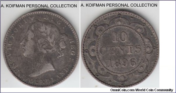 KM-3, 1896 Newfoundland 10 cents; silver, reeded edge; fine, mintage 100,000.