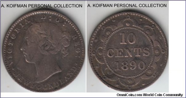 KM-3, 1890 Newfoundland 10 cents; silver, reeded edge; fine, mintage 100,000.