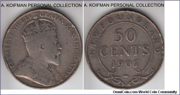 KM-11, 1907 Newfoundland 50 cents; silver, reeded edge; fine or better, edge bruising, smallest mintage of the issue at 100,000.