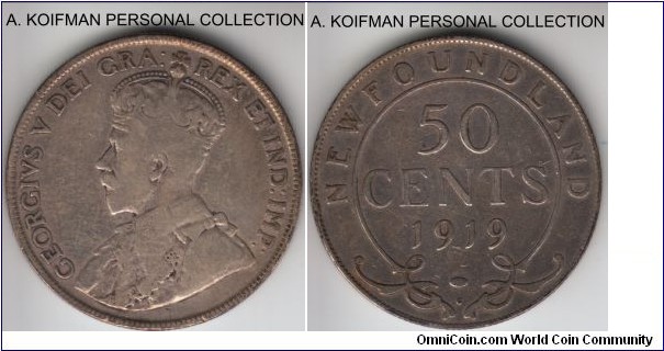 KM-12, 1919 Newfoundland 50 cents, Ottawa mint (C mint mark); silver, reeded edge; very good or so, cleaned.