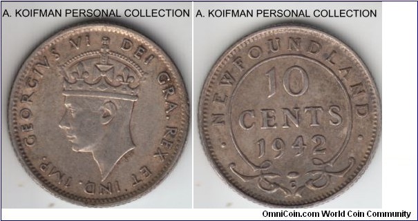 KM-20, 1942 Newfoundland 10 cents, Ottawa mint (C mint mark); silver, reeded edge; good very fine.