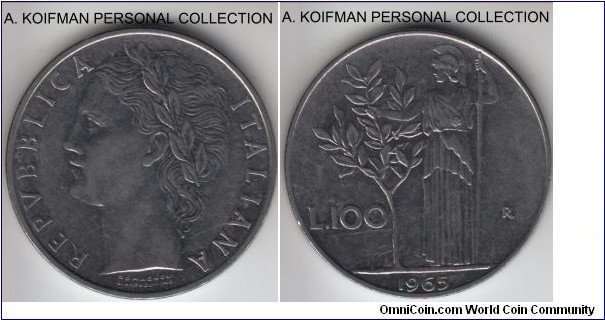 KM-96.1, 1965 Italy 100 lire; stainless steel, reeded edge; extra fine or about.