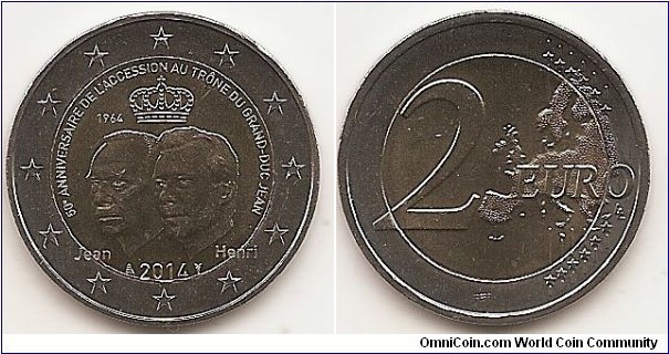 2 Euro
KM#NEW
8.5000 g., Bi-Metallic Nickel-Brass center in Copper-Nickel ring, 25.75 mm. Subject : 50th anniversary of the accession to the throne of the Grand-Duke Jean Obv: The coin’s inner part depicts the effigies of Their Royal Highnesses, the Grand-Duke Henri and the Grand-Duke Jean, both looking to the left. It is surmounted by the year ‘1964’ above the effigy of the Grand-Duke Jean and by a crown. At the bottom, the names ‘Jean’ and ‘Henri’ appear below the respective effigy as well as the year ‘2014’. The inscription ‘50e ANNIVERSAIRE DE L’ACCESSION AU TRÔNE DU GRAND-DUC JEAN’ encloses in circular form the upper inner part of the coin. The coin’s outer ring bears the 12 stars of the European Union. Rev: Large value at left, modified outline of Europe at right. Edge: Reeded with 2 and ** repeated six times. Rev. designer: Luc Luycx