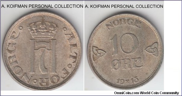 KM-372, 1913 Norway 10 ore; silver, plain edge; good extra fine, some toning overall and heavier in places.