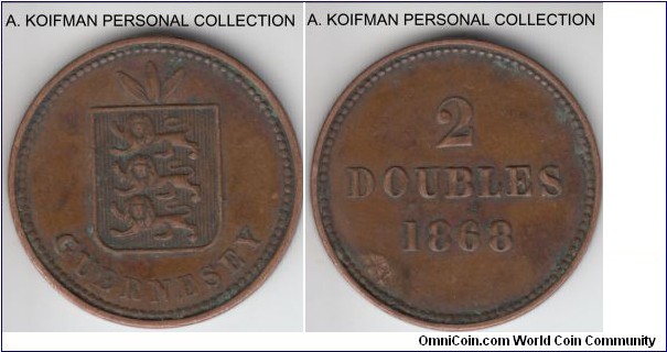 KM-9, 1868 Guernsey 2 doubles; bronze, plain edge; scarce, unknown mintage, very fine details but a couple of spots on reverse.