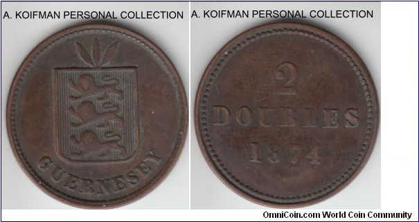 KM-9, 1874 Guernsey 2 doubles; bronze, plain edge; good fine or better dark brown, mintage 45,000.