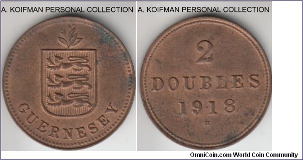 KM-12, 1918 Guernsey 2 doubles, Heaton mint (H mint mark); bronze plated copper, plain edge; average red brown uncirculated, mintage 57,000.