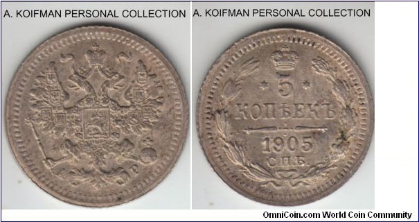 Y#19a.1, 1905 Russia (Empire) 5 kopeks; silver, reeded edge; virtually as struck but toned.