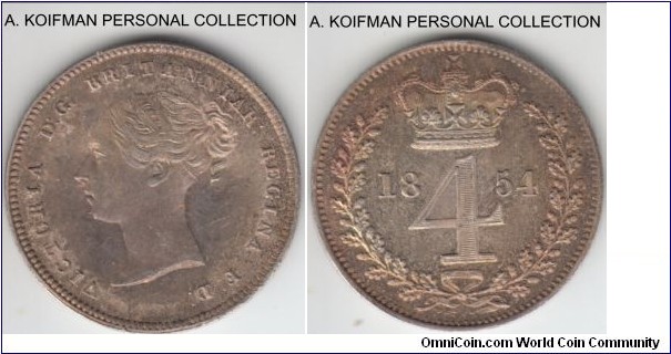 KM-732, 1854 Great Britain maundy 4 pence (groat); silver, plain edge; toned uncirculated, mintage 4,158.