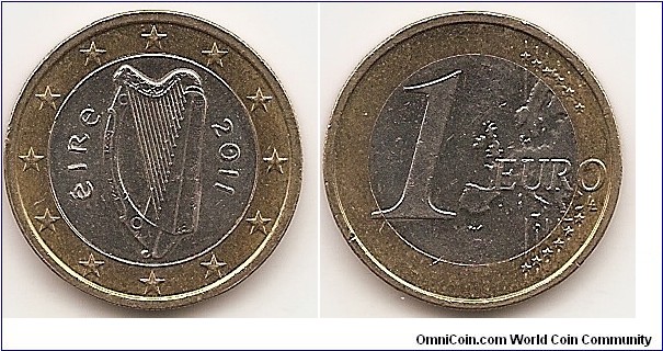 1 Euro
KM#50
7.5000 g., Bi-Metallic Copper-Nickel center in Brass ring, 23.25 mm. Obv: coin show the Celtic harp, a traditional symbol of Ireland, decorated with the year of issue and the inscription 