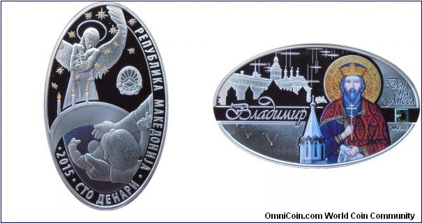 100 Denars - Angel's day - Vladimir - 28.28 g 0.925 silver Proof (with one Swarovski crystal) - mintage 5,000