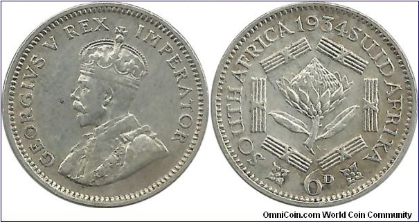 SouthAfrica-British 6 Pence 1934