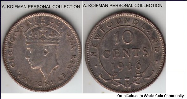 KM-20a, 1946 Newfoundland 10 cents, Ottawa mint (C mint mark); silver, reeded edge; good very fine, scarcer mintage year of 38,400.