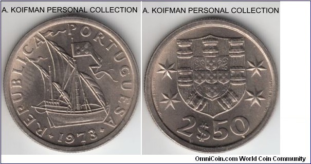 KM-590, 1973 Portugal 2 1/2 escudos; copper-nickel, reeded edge; nice white uncirculated.