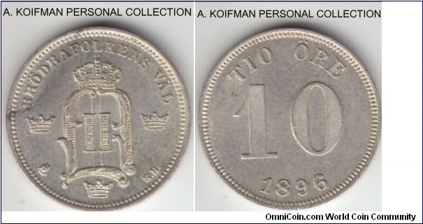 KM-755, 1896 Sweden 10 ore; silver, plain edge; nice uncirculated or almost coin, brighter than scans suggest.